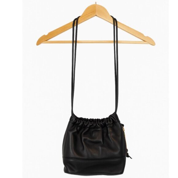 Gold Chain Tassel Women's Black Faux Leather Drawstring Crossbody Bag Small - Picture 2 of 7